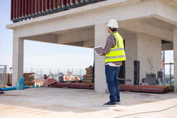 Professional Mechanical Engineer Working on Personal laptop computer at house construction site. Product quality Inspection