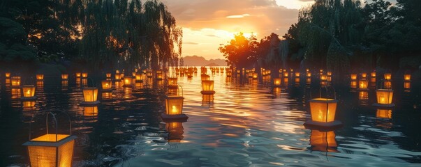 Wall Mural - Floating lanterns on a river at dusk, 4K hyperrealistic photo