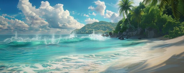 Tropical beach with turquoise waters and palm trees, 4K hyperrealistic photo,