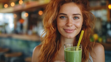 Happy young woman holding a green smoothie in her hand and smiling at the camera