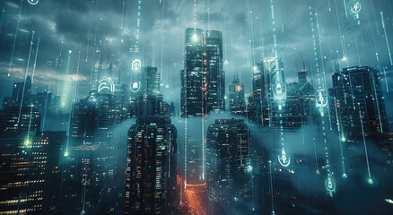 Poster - Concept of IT securities. technology, city, data. Generative AI.