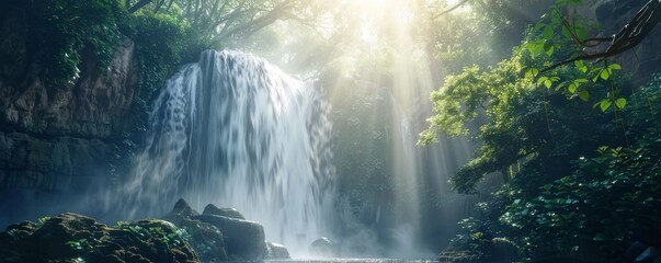 Wall Mural - Enchanting waterfall with sunlight filtering through the mist, 4K hyperrealistic photo