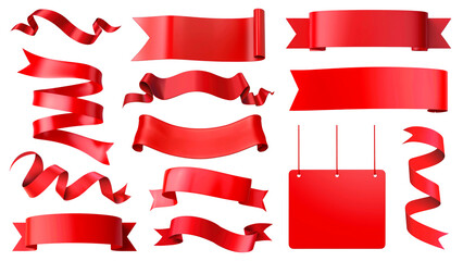 PNG red ribbon banner element set, transparent background