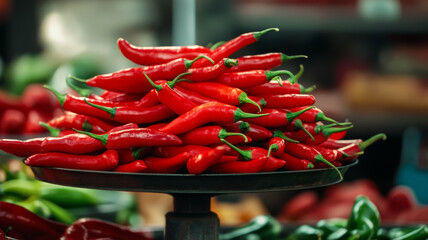 Poster - Red chili peppers with glistening skins on a vintage weighing scale market stall background 