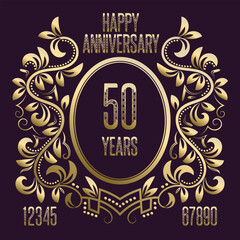 Poster - Anniversary greeting card with golden decorative numbers, Happy Anniversary text and floral wreath. Vector set for designer.