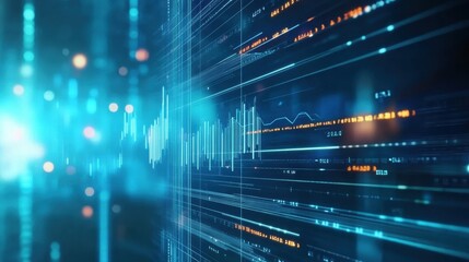 Poster - Digitally rendered 3D animation of dynamic financial graphs with fluctuating lines and bar charts, representing market trends and data analysis, designed as a moving background for overlaying text