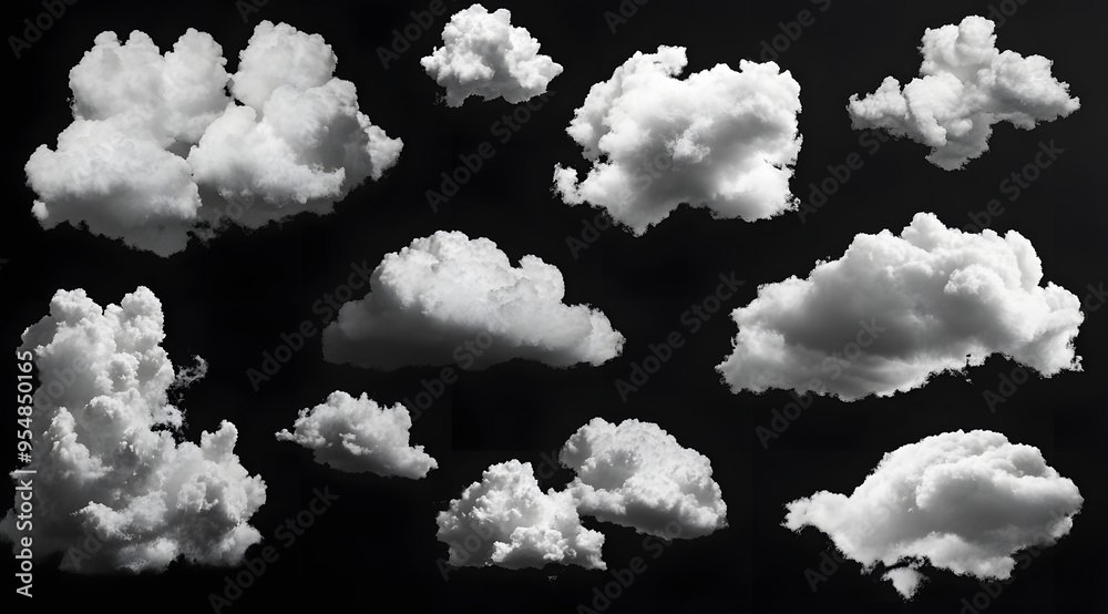 “30 White Clouds of Various Shapes Isolated on a Black Background ...