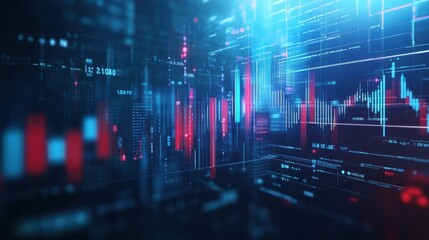 Poster - Digitally rendered 3D animation of dynamic financial graphs with fluctuating lines and bar charts, representing market trends and data analysis, designed as a moving background for overlaying text
