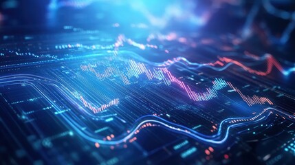 Poster - Digitally rendered 3D animation of dynamic financial graphs with fluctuating lines and bar charts, representing market trends and data analysis, designed as a moving background for overlaying text