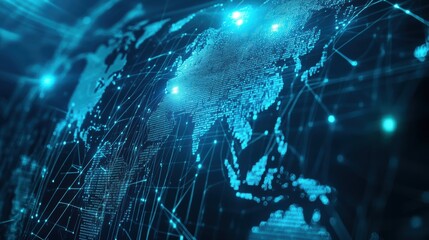 Poster - Digitally rendered animation of a global network map with nodes lighting up as data is transferred across continents, representing worldwide communication
