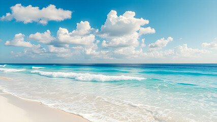 Poster - Tropical sunny beach view. Calm sunshine relaxing empty beach scene, blue sky happy clouds white sand. Tranquil nature shore coast landscape. Seaside beachfront horizon seascape in sunlight. AI gen