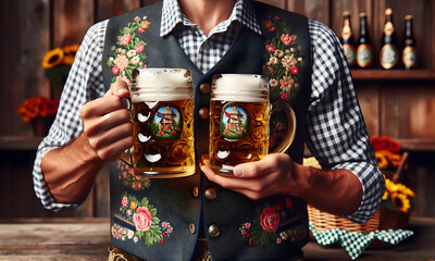 Oktoberfest, ein Mann mit Trachtenweste hält zwei Bierkrüge in der Hand