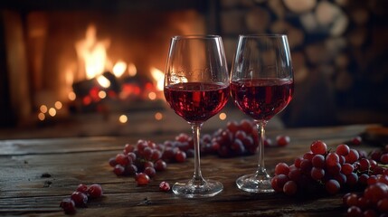 Glasses of Red Wine with Grapes and Fireplace in a Country Cottage. AI generated illustration