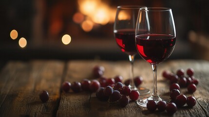 Glasses of Red Wine with Grapes and Fireplace in a Country Cottage. AI generated illustration