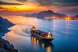 Persian Gulf in June, a stunning low-light shot of a cargo ship navigating through the busy Strait of Hormuz, with the Iranian coastline in the background.