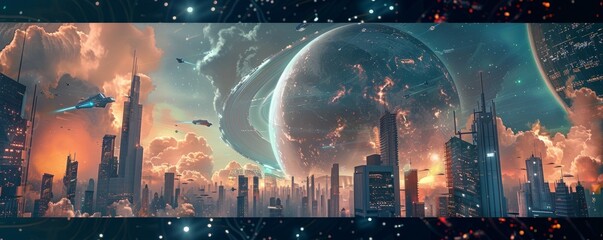 Wall Mural - Science fiction collage with futuristic cityscapes and space technology, 4K hyperrealistic photo