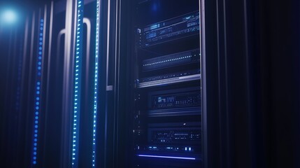 Poster - A modern data center with illuminated server racks showcasing advanced technology and efficient organization in a secure environment