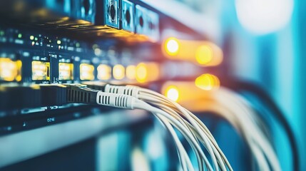 Poster - Network cables connected to a data server in a high-tech data center with glowing indicators during a busy operational period
