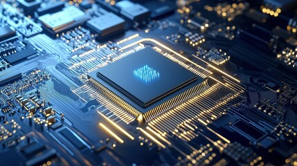 Poster - Close-up view of a computer processor on a circuit board illuminated by blue lights during a technology development project