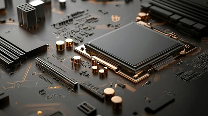 Poster - Close-up view of a modern circuit board with intricate electronic components during the daylight hours
