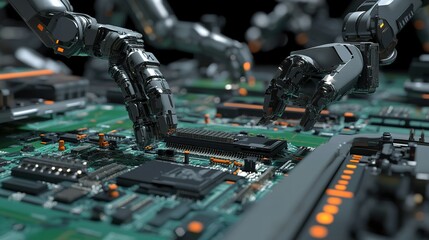 Poster - Robotic hands assembling electronic components on a circuit board in a futuristic setting at a technology lab