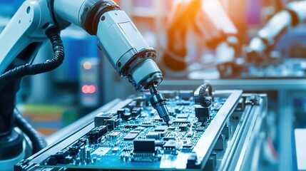 Poster - Robotic arm assembling electronic circuit boards in a factory during daylight