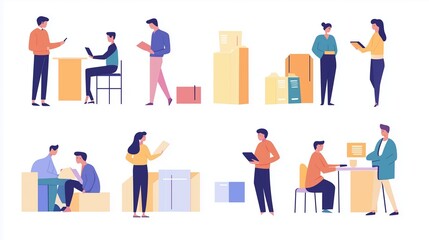 Poster - Office workers engaging in various tasks in a modern workspace, showcasing collaboration and productivity during the day