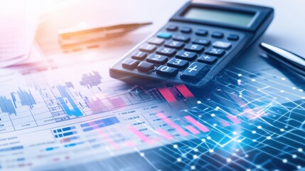 Poster - a calculator, ledger, and pen overlaid with transparent financial data, symbolizing accounting and f