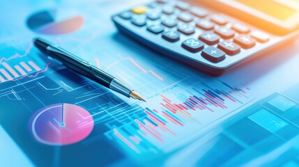 Poster - a calculator, ledger, and pen overlaid with transparent financial data, symbolizing accounting and f
