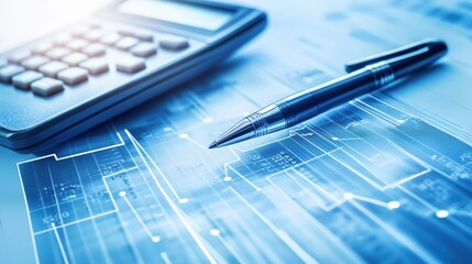 Poster - a calculator, ledger, and pen overlaid with transparent financial data, symbolizing accounting and f