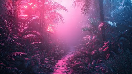 Wall Mural - Neon lights in the jungle, foggy with palm trees, in a neon pink and blue color scheme. 