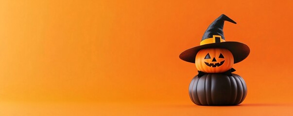 Halloween pumpkin wearing witch hat on orange background