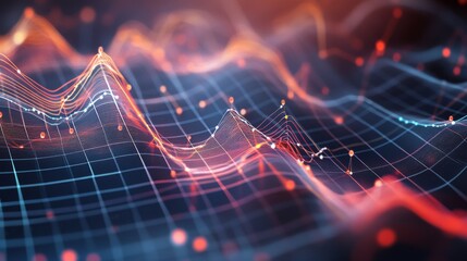 Poster - A 3D line graph with multiple intersecting lines and markers, set on a grid with depth and perspective, illustrating complex data trends