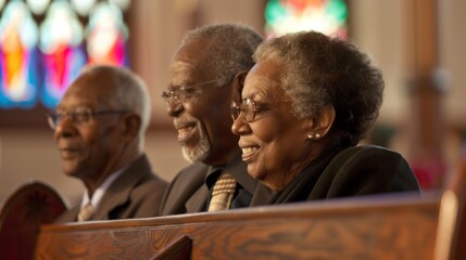 Wall Mural - Three older people are sitting in a church pew, smiling