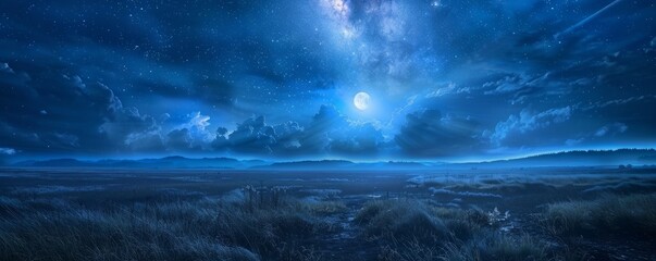 Wall Mural - Magical night collage with starry skies, moonlit landscapes, and dreamlike imagery, 4K hyperrealistic photo