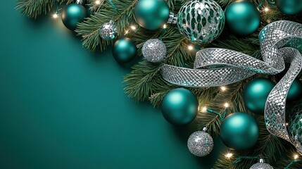 Elegant teal and silver Christmas ornaments and greenery arrangement for festive holiday celebrations in a cozy setting