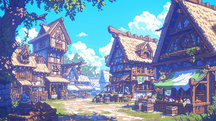 pixel art illustration of a medieval market scene, complete with various market stalls offering fruits, vegetables, and handmade items. Surround the stalls with medieval buildings featuring thatched r