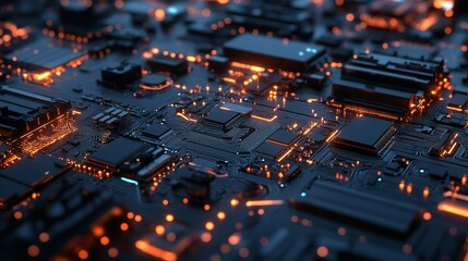 Poster - Illuminated circuit board with intricate patterns glowing in dark, showcasing advanced technology and modern electronics design at night