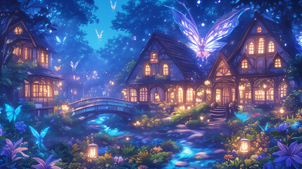 Wall Mural - Create a seamless 2D cartoon-style backdrop of a fairy village, perfect for fantasy applications. Include charming, whimsical houses, glowing lanterns, and lush greenery, with pathways and tiny bridge