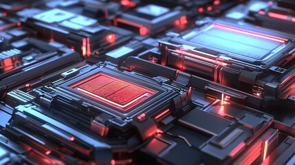 Poster - High-tech circuit boards glowing with red and blue lights in a futuristic tech environment at night