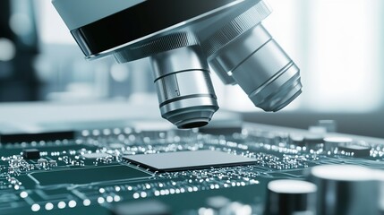 Poster - Close-up view of a microscope analyzing a printed circuit board in a lab setting during daylight