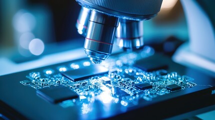 Poster - Microscope focusing on a circuit board under bright LED light in a laboratory setting during daytime exploration of technology
