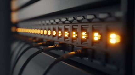 Poster - Detailed view of network switches with illuminated lights in a server room during nighttime operations