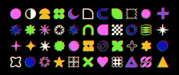 Aufkleber - Set of brutalist glitching abstract geometric shapes and forms. Brutal contemporary figures, stars, flowers and other primitive elements. Trendy Y2K signs and symbols.