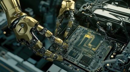 Poster - A robotic hand carefully assembling a complex circuit board in a high-tech laboratory during the day