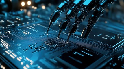 Poster - A robotic hand working meticulously on a circuit board in a futuristic environment filled with illuminated technology details