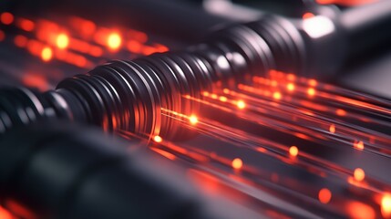 Poster - Close-up of glowing red fiber optic cables transmitting light in a high-tech environment