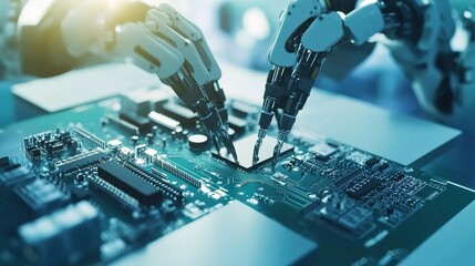 Poster - Robotic arms assembling microchips on a circuit board in a modern electronic manufacturing facility