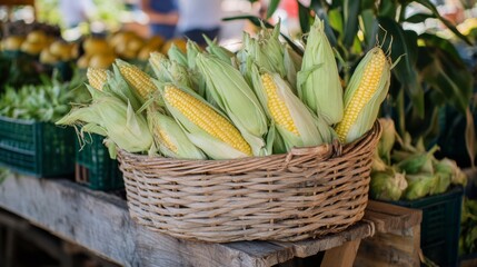 A basket filled with ears of corn, some still in their husks, placed on a wooden table at a farmer's market, capturing the essence of fresh produce.