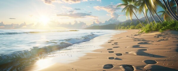 Sun-drenched beach with footprints leading to the water, 4K hyperrealistic photo